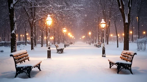 Snowy Park with Benches and Lights