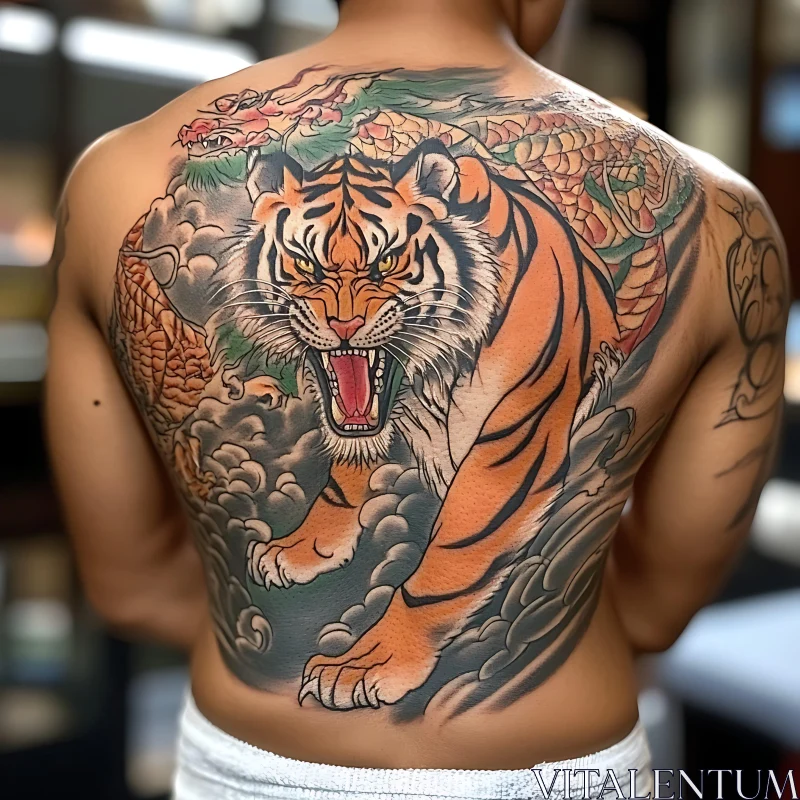 Intricate Back Tattoo of Tiger and Dragon AI Image