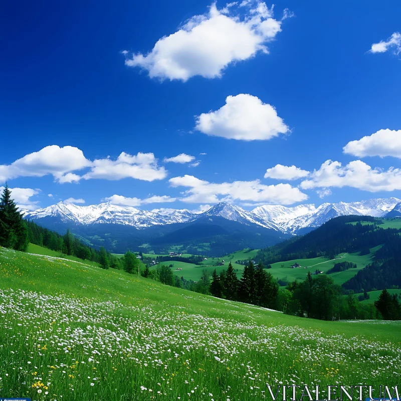 AI ART Alpine Meadow and Snow-Capped Peaks