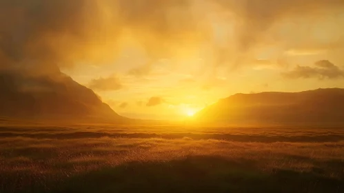 Mountains and Field at Sunset