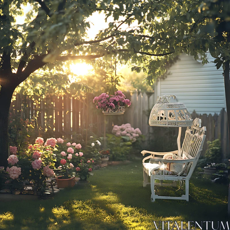 Sunlit Garden with White Bench and Flowers AI Image