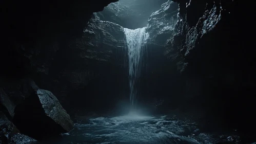 Enchanting Waterfall Inside a Gloomy Cave AI Image