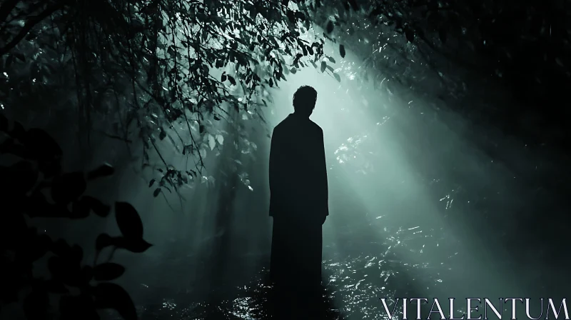 Mysterious Figure in Forest Light AI Image