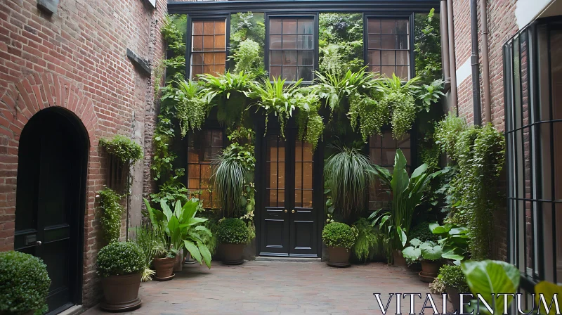 Tranquil Brick Courtyard with Cascading Plants AI Image