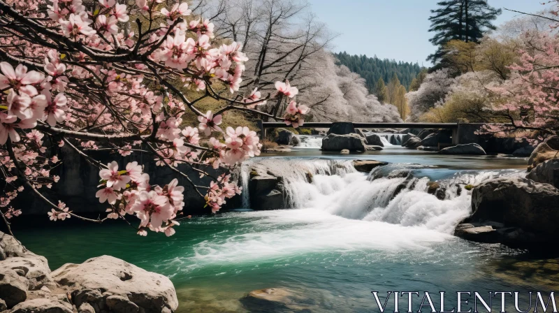 Captivating Nature: A Serene Waterfall Surrounded by Pink Blossoming Trees AI Image