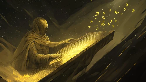 Cloaked Figure Playing Golden Instrument
