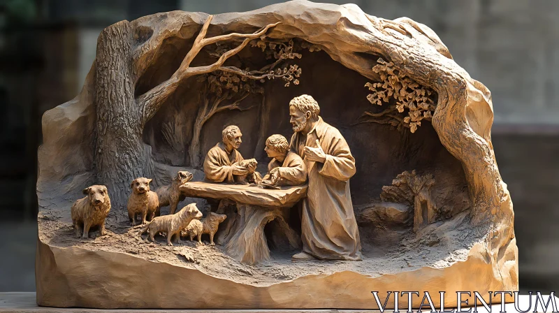 AI ART Detailed Wood Sculpture of a Family Scene