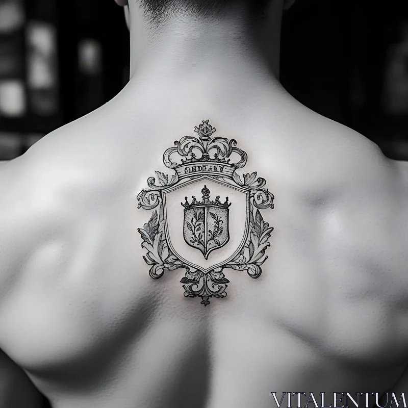 Ornamental Back Tattoo Featuring a Coat of Arms AI Image