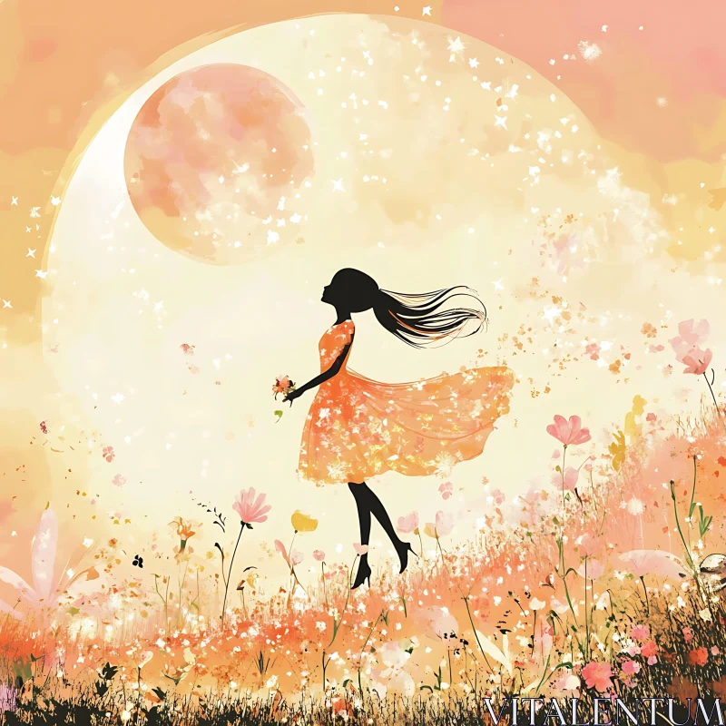 Moonlit Stroll: A Girl's Dreamy Escape AI Image