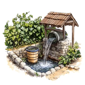 Rustic Water Well Scene with Stone Details