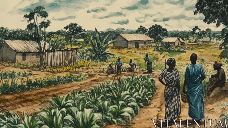 Watercolor Painting of Rural African Village AI Image