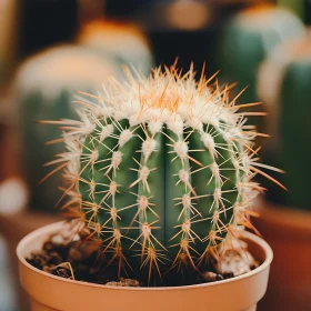 Spiny Green Cactus in Pot - Close-Up