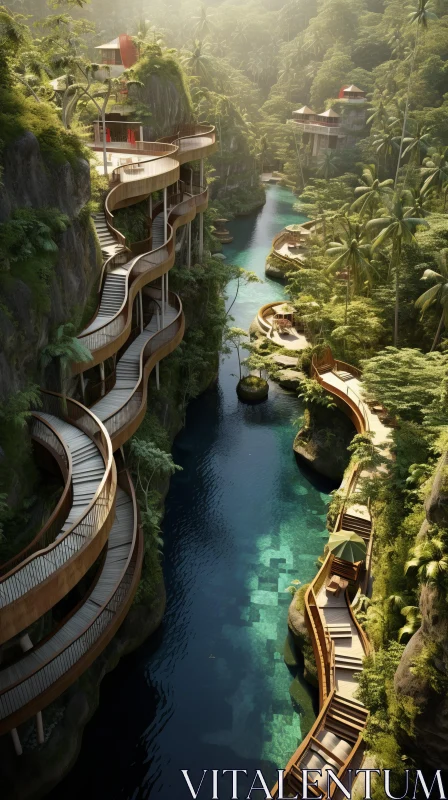 Futuristic Hotel in the Jungle with Waterfalls - A Captivating Retreat AI Image