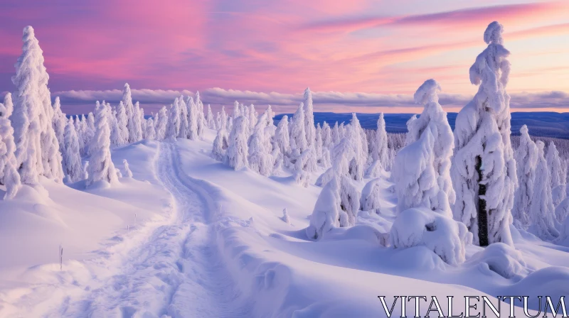 Snowy Sunset Landscape - A Fairytale in Norwegian Nature AI Image