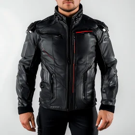 Modern Mens Leather Jacket with Red Trim