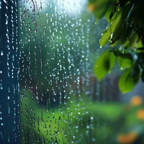 Raindrops on Windowpane with Lush Leaves