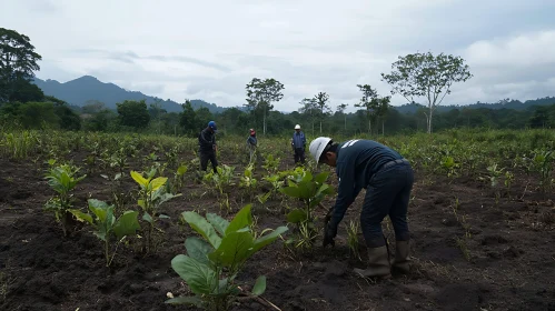 Workers Planting Crops in an Agricultural Field