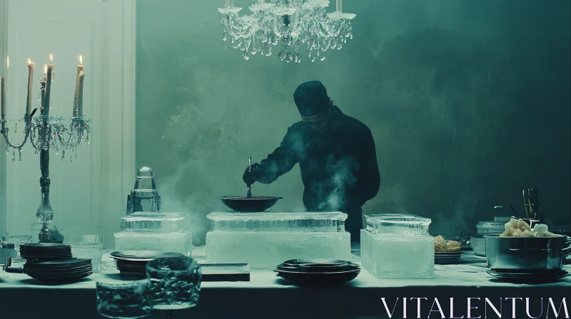 Mystical Culinary Scene with a Chef and Elegantly Lit Chandeliers AI Image