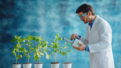Man Watering Plants in Scientific Experiment
