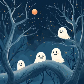 Cute Ghosts in the Moonlight