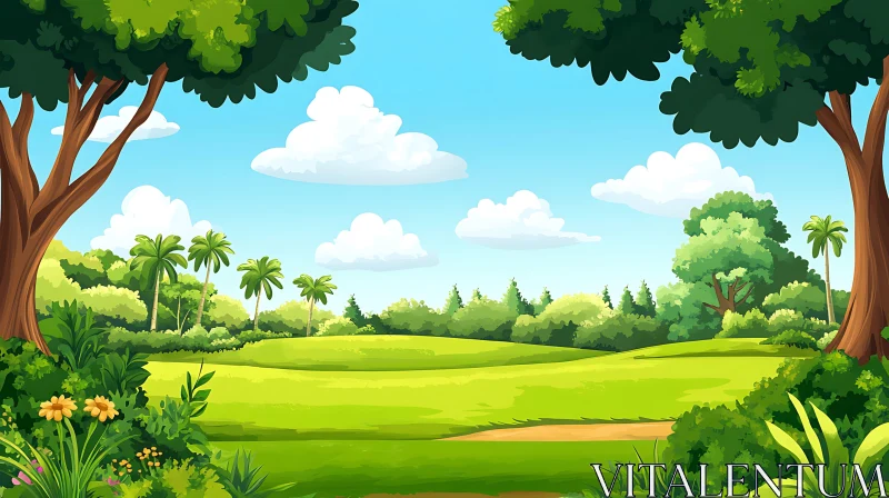 AI ART Cartoon Green Field with Blue Sky