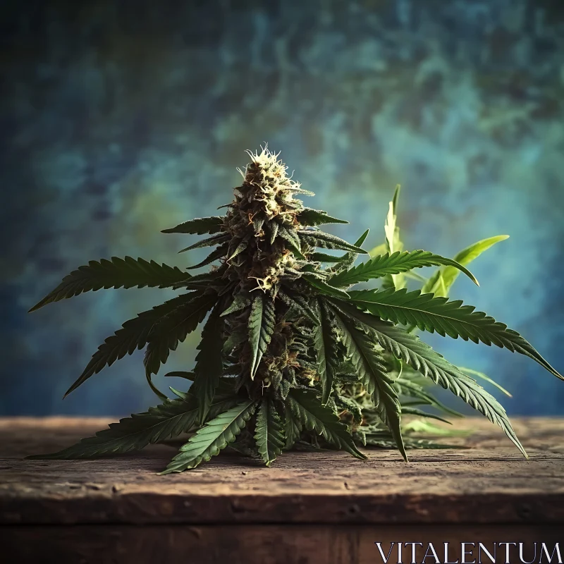 Cannabis Plant on Wooden Surface AI Image