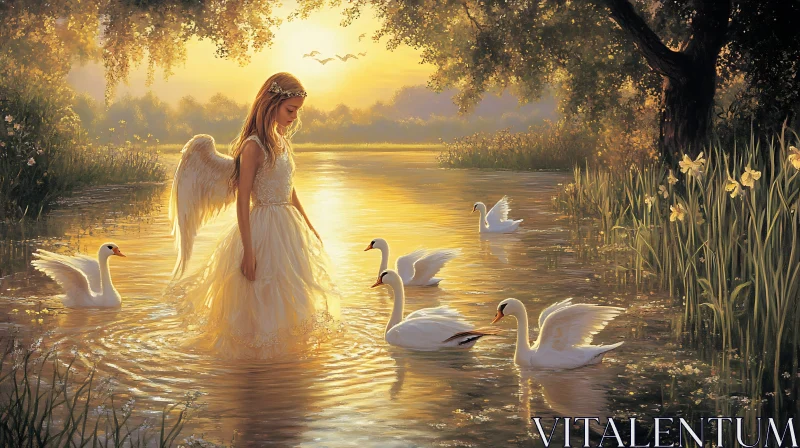 AI ART Serene Angel with Swans Painting