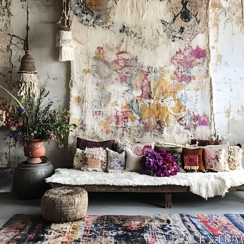 Eclectic Room with Colorful Textiles AI Image