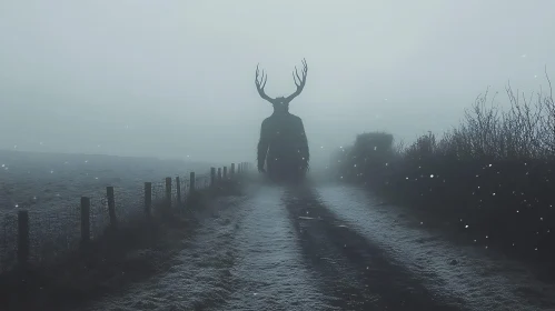 Mysterious Antlered Figure in Winter Mist