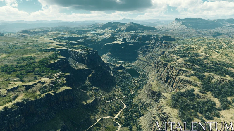 AI ART Panoramic Aerial View of a Canyon with Cliffs and Greenery