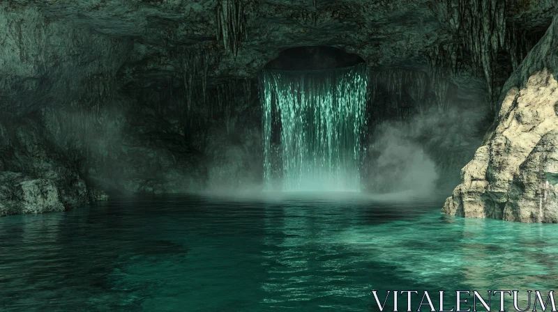 AI ART Emerald Light Cascade in a Rocky Cave