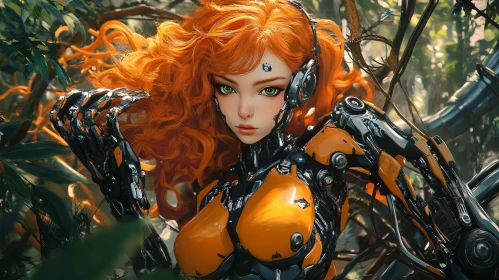 Cyborg Female in Natural Setting with Vibrant Red Hair