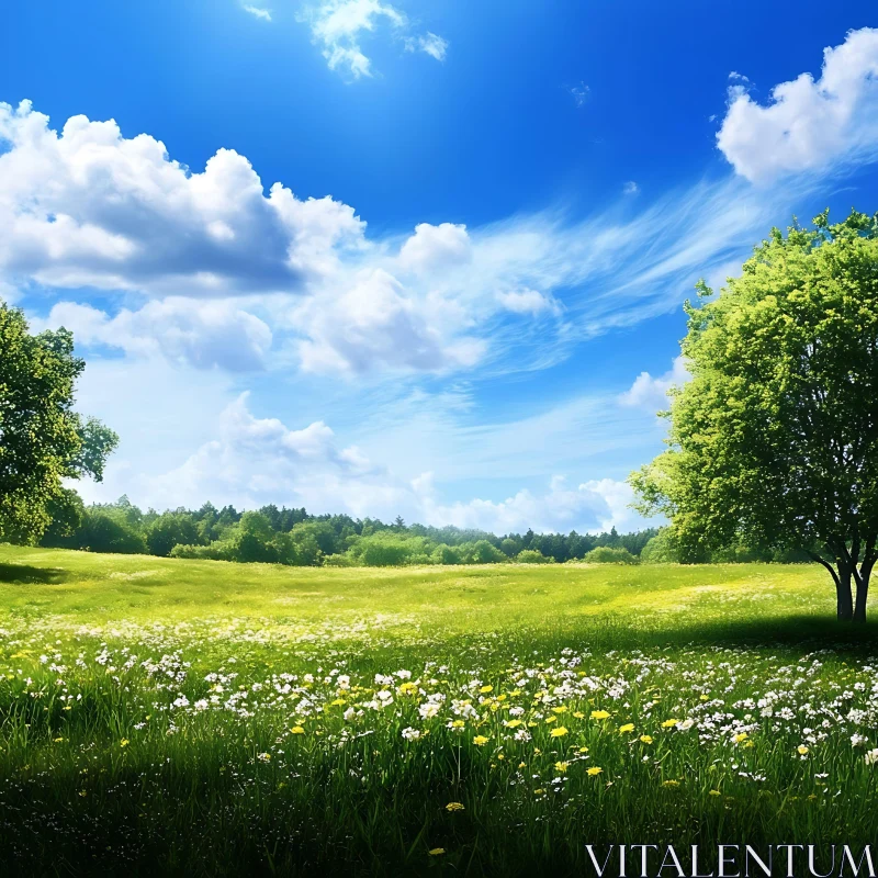 Serene Field of Flowers Under Blue Sky AI Image