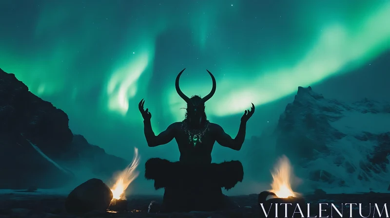 AI ART Horned Figure Meditating in Aurora Borealis