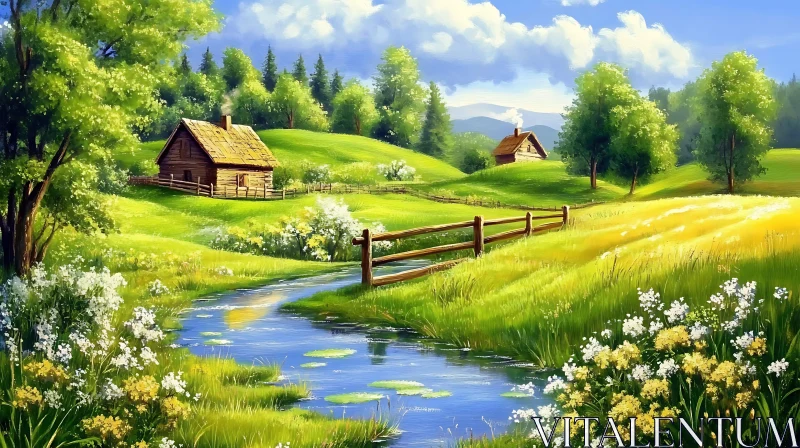 AI ART Peaceful Meadow with Cottages and River