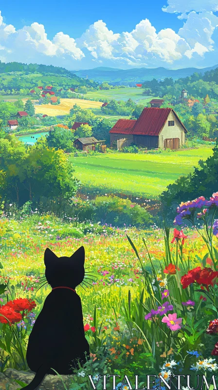 Black Cat Contemplates Countryside View AI Image