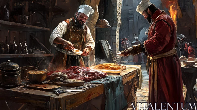 Chefs at Work in Medieval Kitchen AI Image