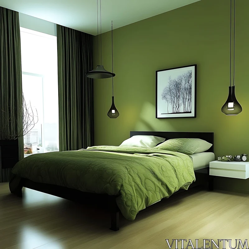 AI ART Modern Bedroom with Green Color Scheme