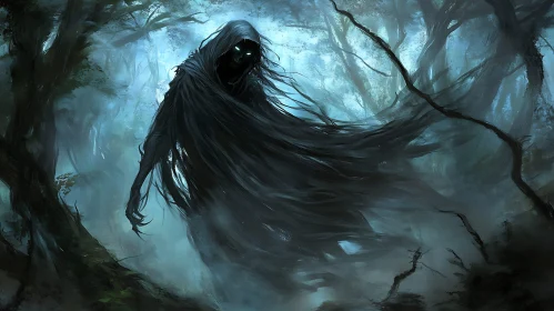 Cloaked Figure in Misty Forest