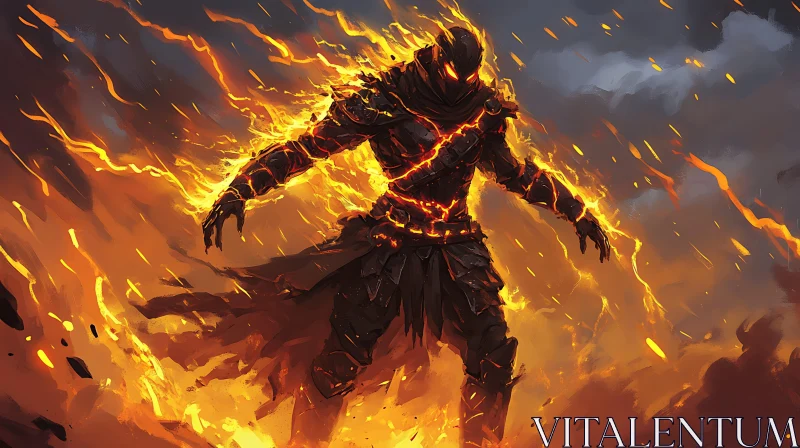 Armored Figure in Burning Inferno AI Image