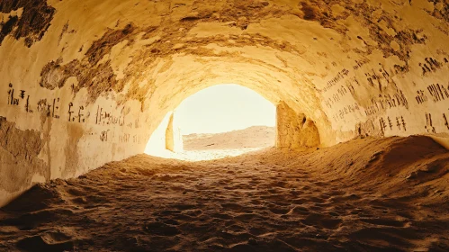 Illuminated Ancient Tunnel with Hieroglyphs