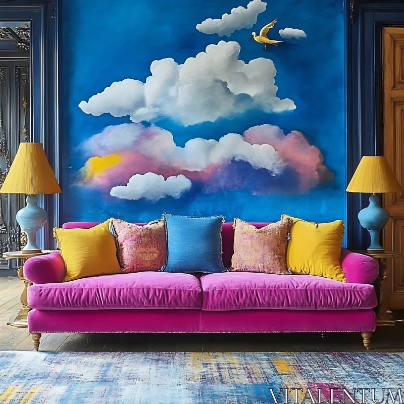 AI ART Colorful Living Room with Cloud Painting