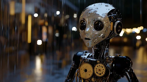 Chrome Robot in Rainy City