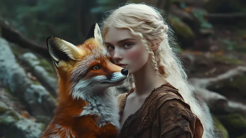 Blonde Woman with Fox in Forest
