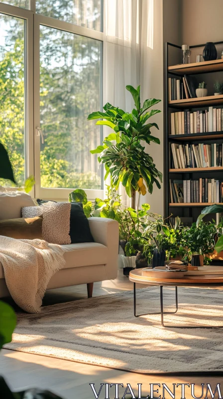 Sunlit Interior with Plants and Books AI Image