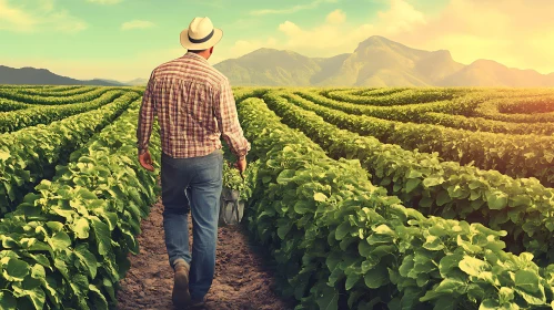 Agricultural Landscape with Walking Farmer