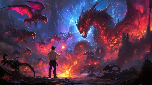 Man Confronts Dragons with Flame