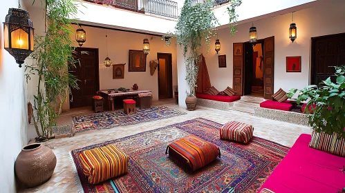 Indoor Moroccan Courtyard with Colorful Rugs