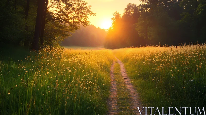 AI ART Sunlit Meadow Trail at Sunset