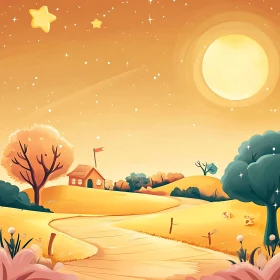 Moonlit Cartoon Landscape with Cozy House